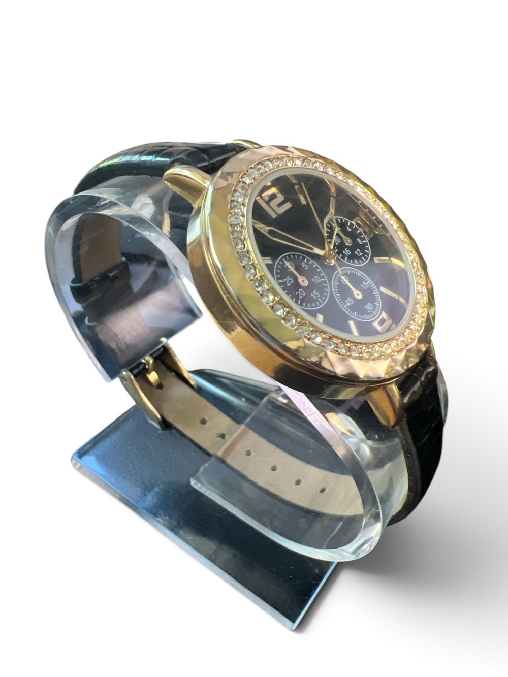 Women’s Gold Tone Rhinestone Black Multi Dial Faux Leather Quartz Watch Glam Y2K - Picture 2 of 5